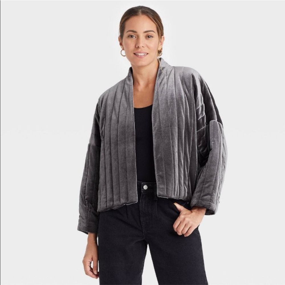 NWT Women’s Quilted Velvet Duster Jacket - A New Day Gray One Size Fits Most